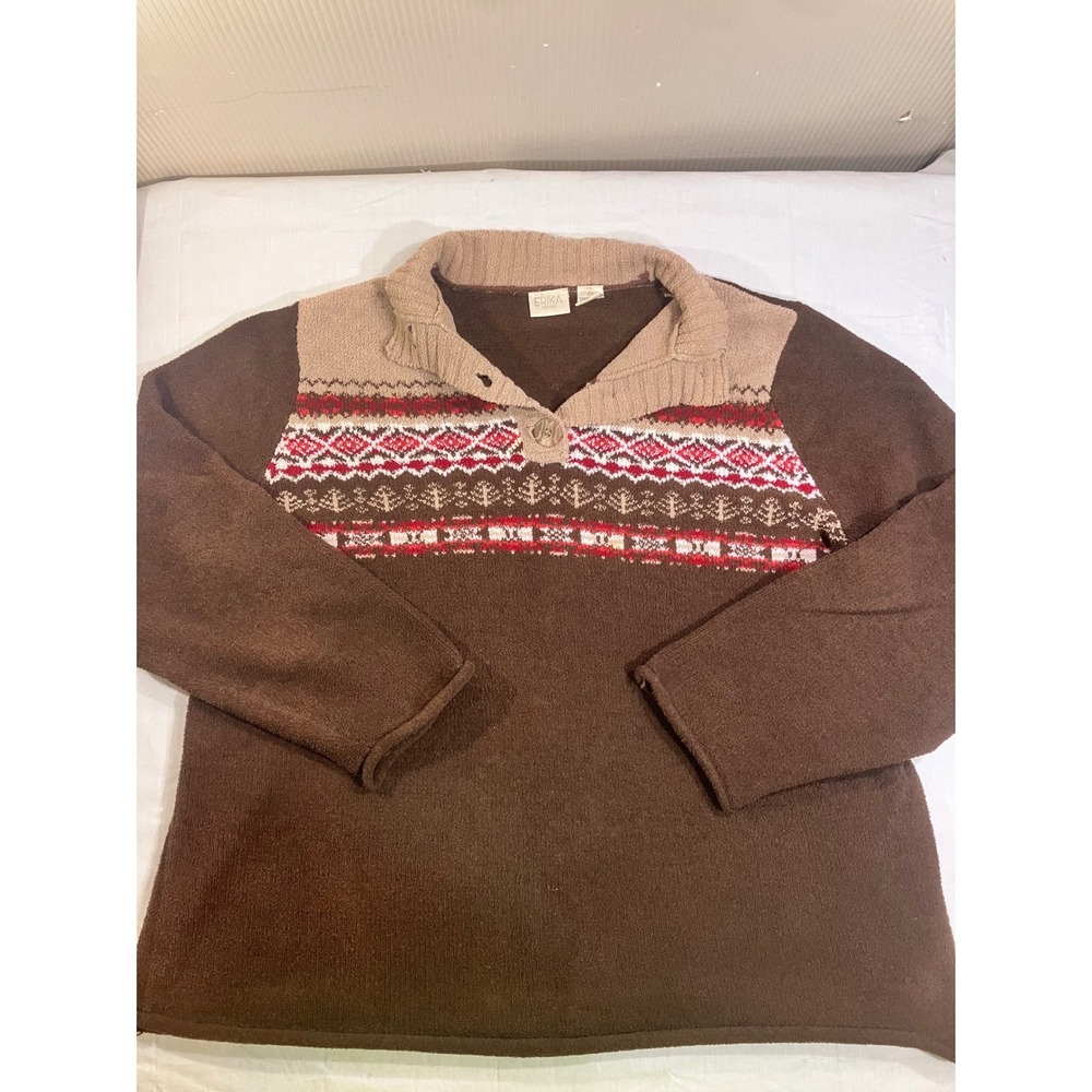 Erika Woman‎ Brown Fair Isle Fleece Pullover Sweater Button Mock Neck 2X Plus Sz